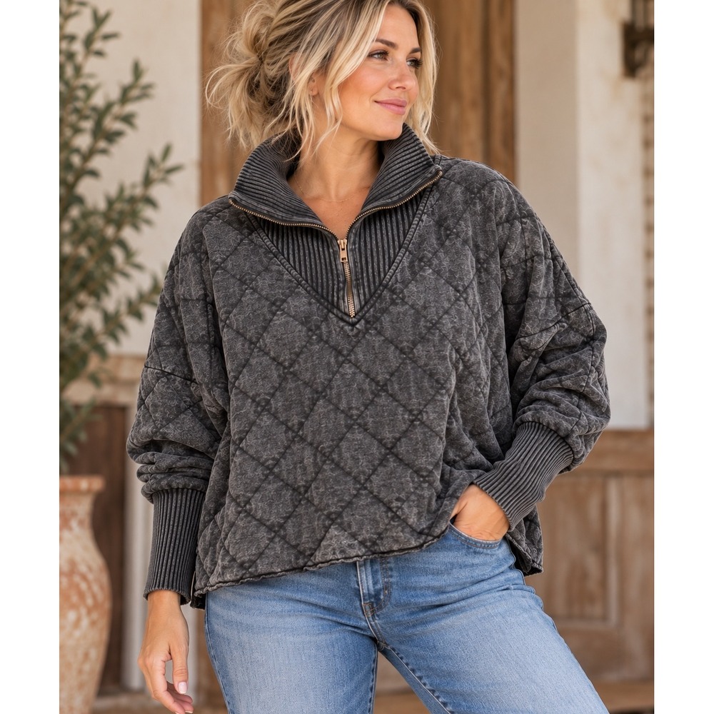 Free People FP One Shiloh Quilted Pullover Mineral Wash Grey XS/S